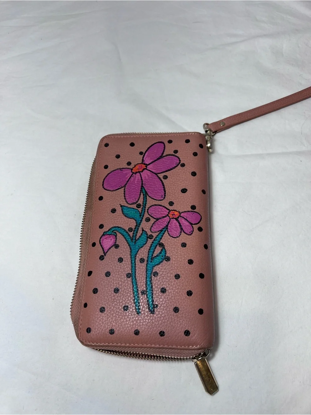 Hand painted full size zip around wallet wristlet blush pink flower floral